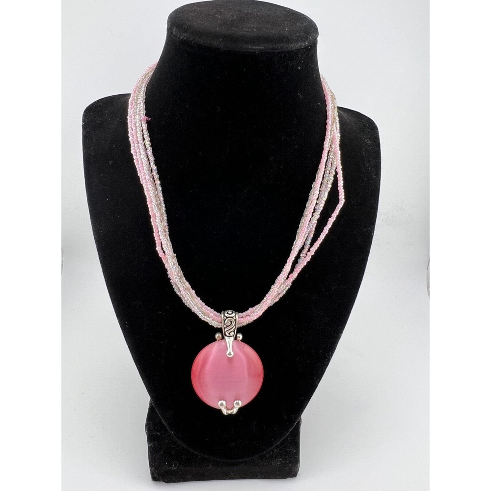 Womens Fashion Jewelry Classic Silver Plated Pink Beads Layered Pendant Necklace